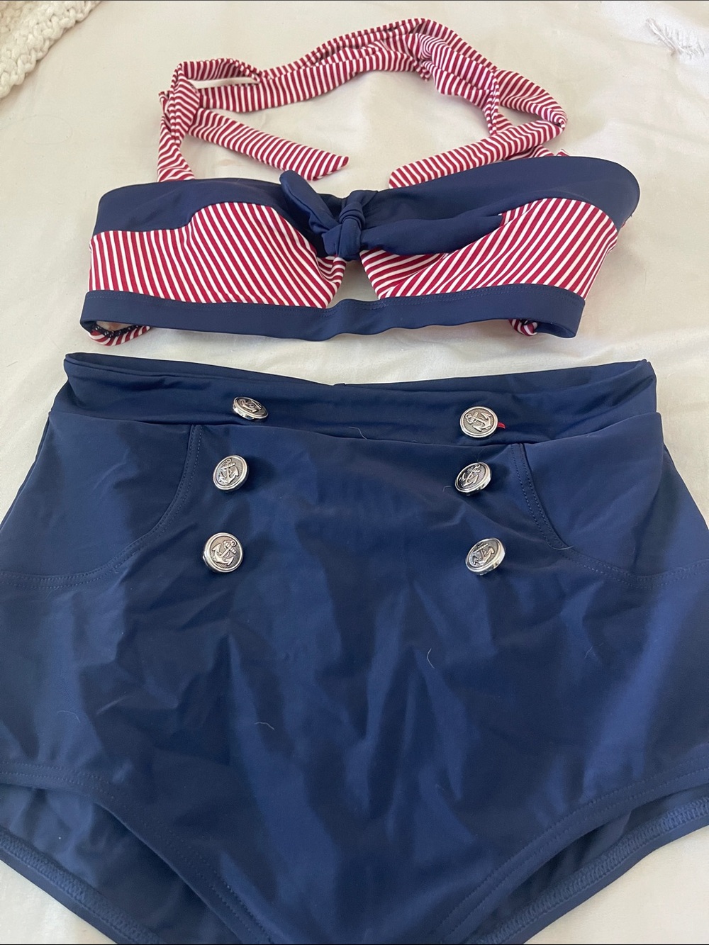 Navy & Red Striped High-Waist Bikini Set - Picture 3 of 5